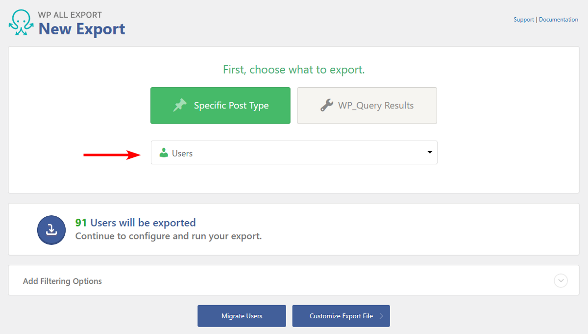 The WP All Export New Export process, highlighting the Users drop-down menu.