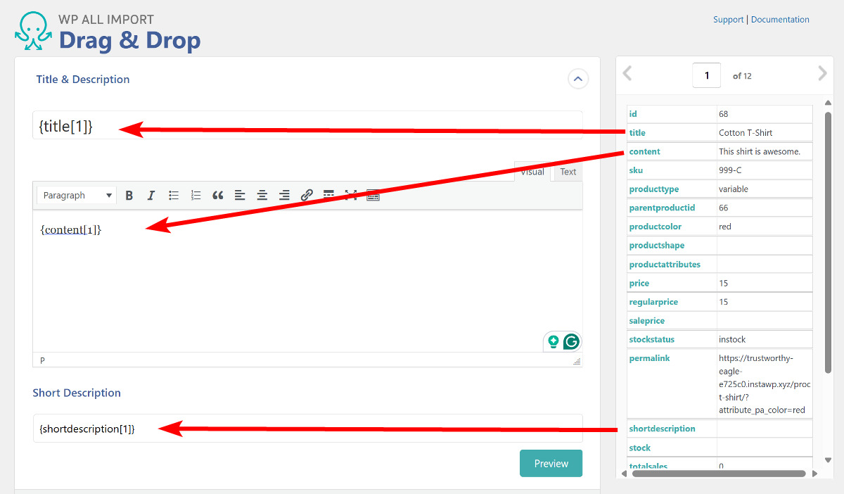 The Drag and Drop dialog in WP All Import highlighting the title and description fields.