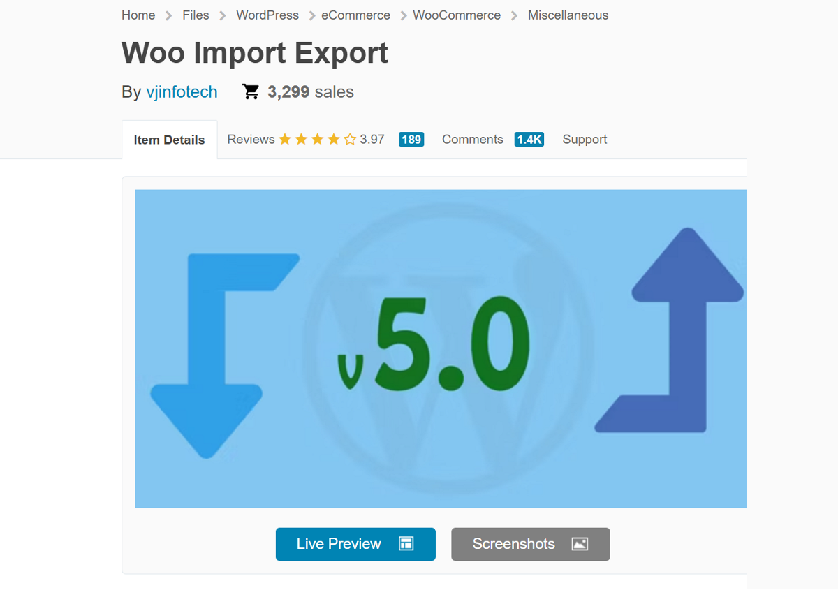 The Woo Import Export sales page from CodeCanyon.