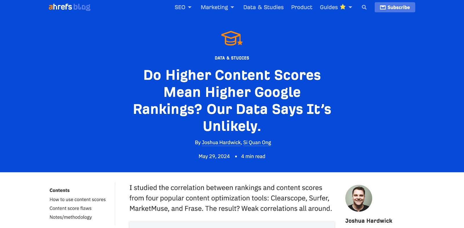 The Ahrefs page for its study into content optimization tools.