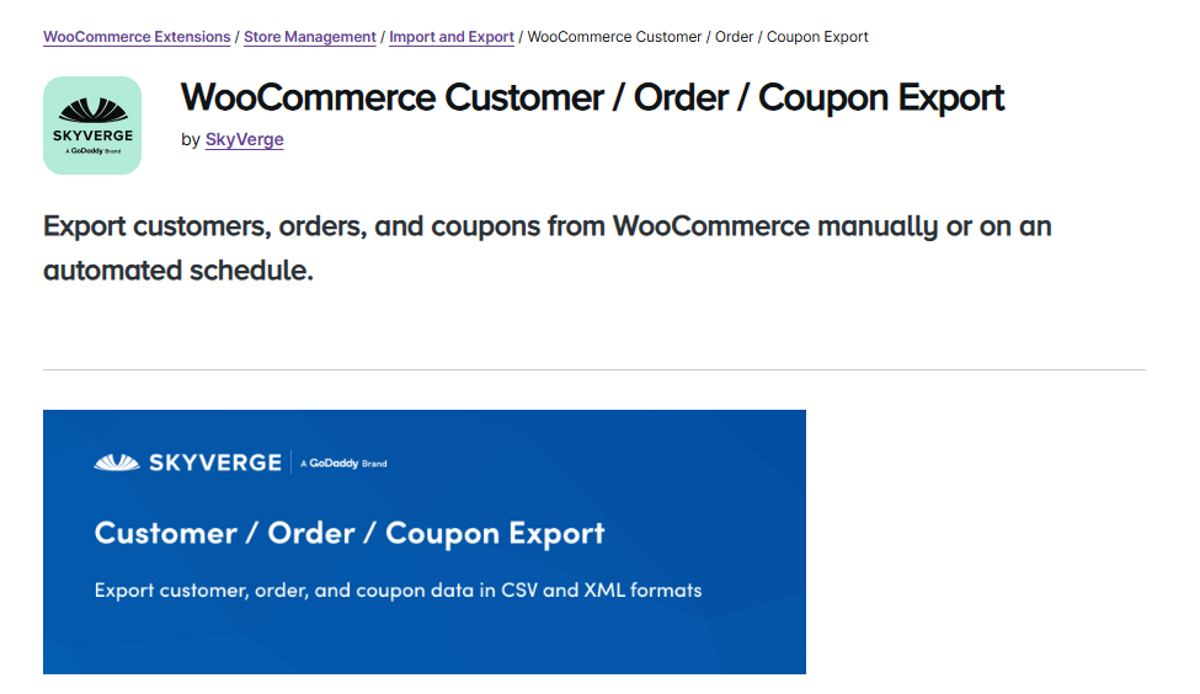 The WooCommerce Customer / Order / Coupon Export home page on the WooCommerce website.