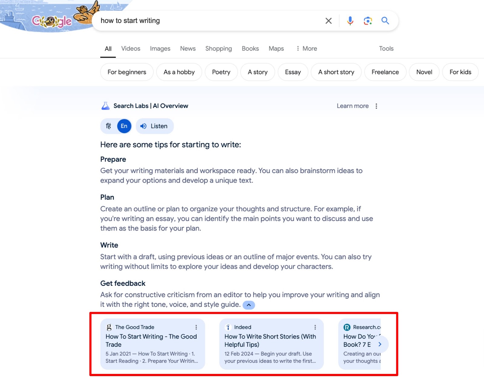 A Google search page showing its AI Overview tool.