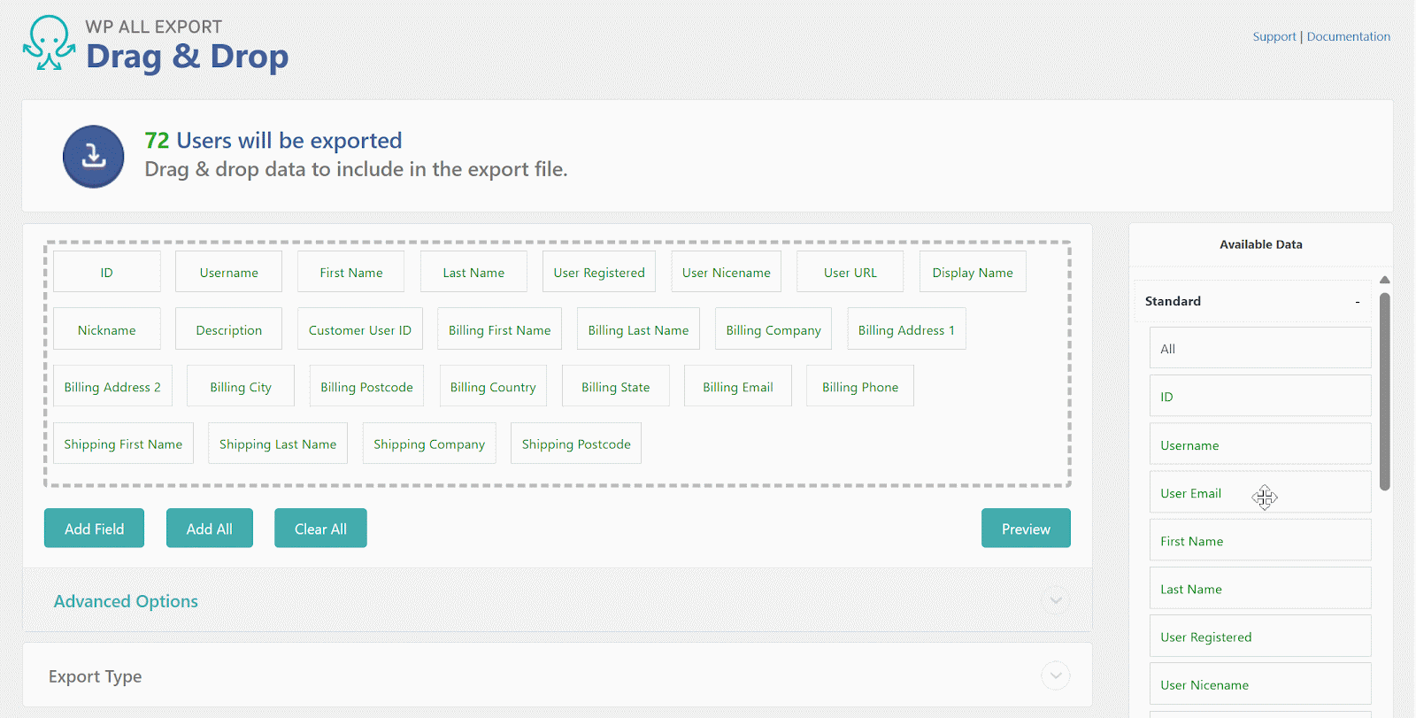 A GIF showing a user dragging a data field from the sidebar of WP All Export to the fields list.