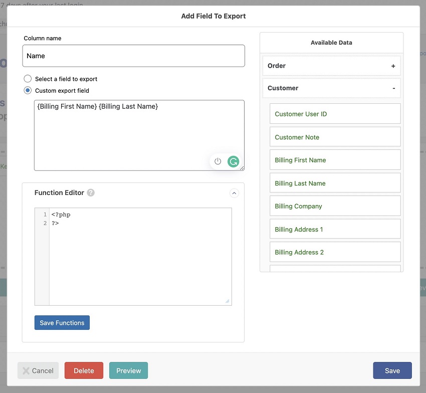 Adding a field to the export process within WP All Export.