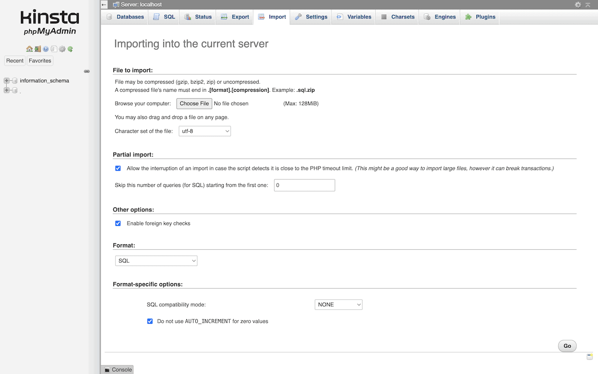 The phpMyAdmin import dialog.