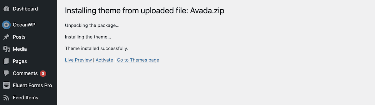 A success screen for the installation of a new WordPress theme.