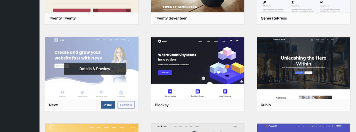 Choosing a new theme from the dashboard interface within WordPress.