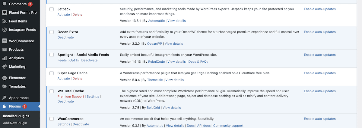 The Installed Plugins list within WordPress.