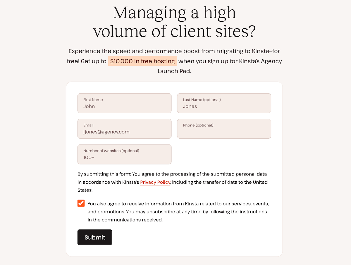 The Kinsta Agency Launch Pad intake form.