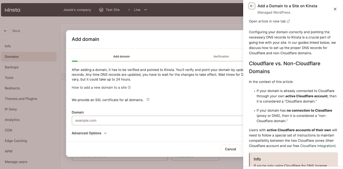 Accessing self-service documentation from the MyKinsta dashboard. 