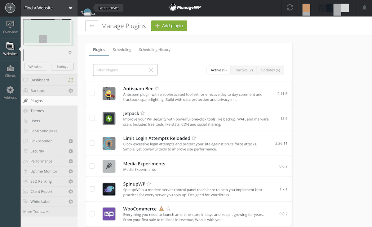 The ManageWP dashboard, showing the Manage Plugins screen.