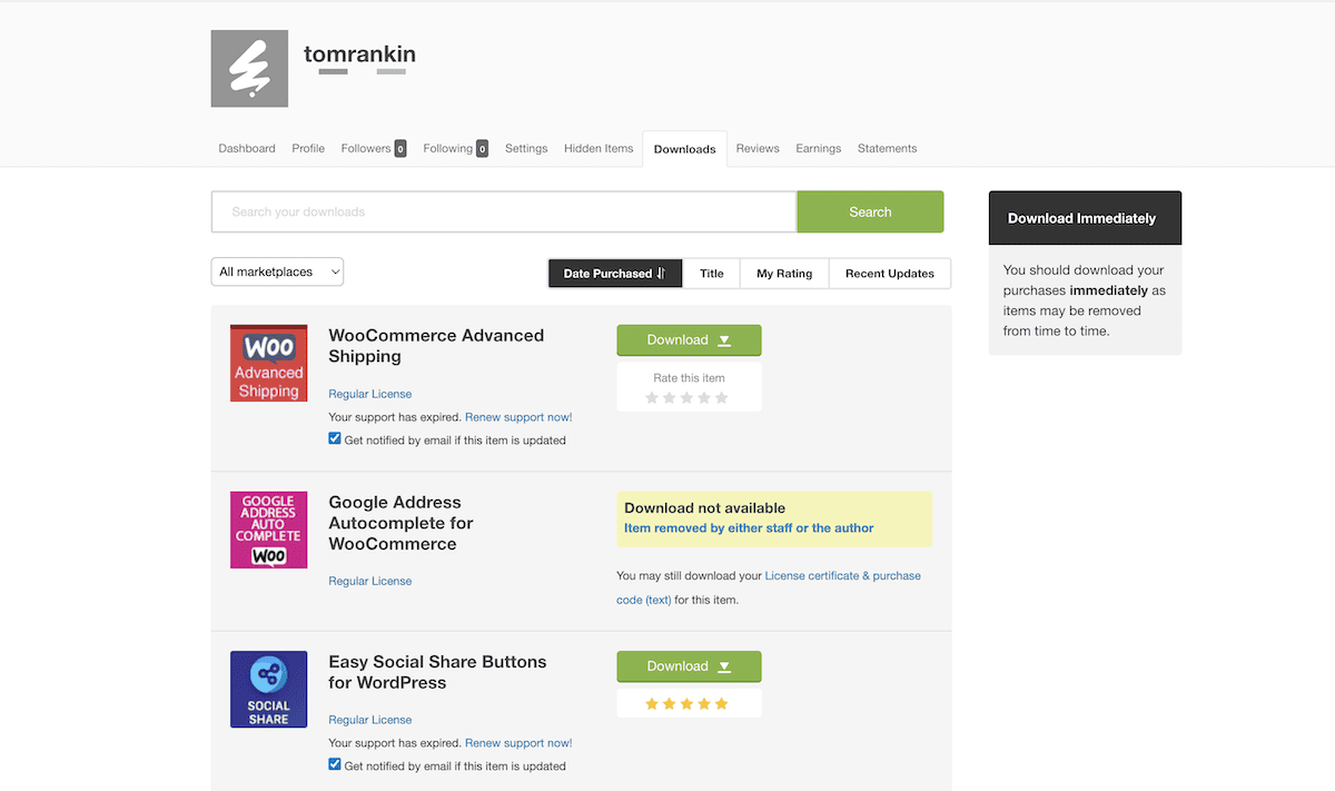 The CodeCanyon dashboard showing a list of plugins for download.