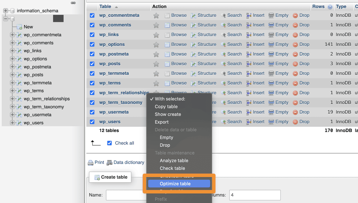 The Optimize Table option within phpMyAdmin.