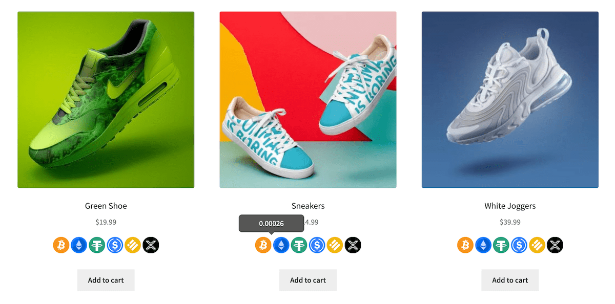 A shop page showing cryptocurrency icons for each product.