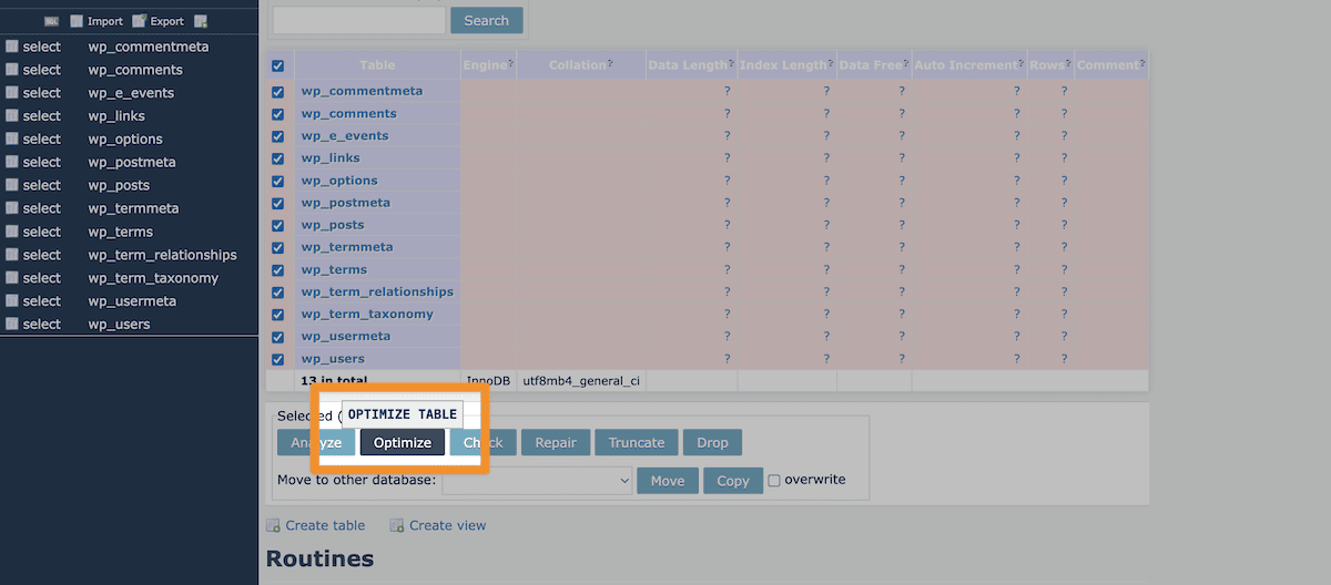A WordPress database within Adminer that shows the Optimize Table button.