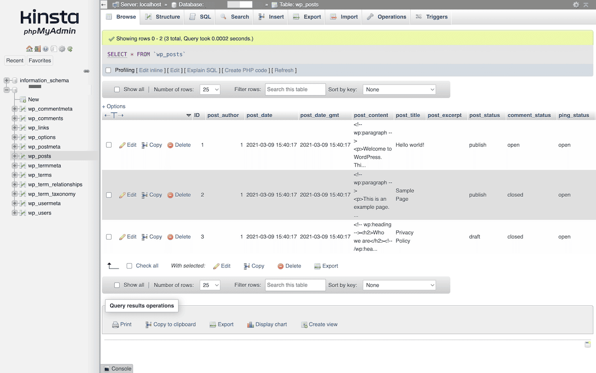 The phpMyAdmin app used for a Kinsta website.