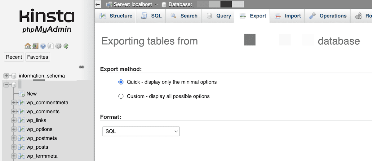 The phpMyAdmin export dialog.