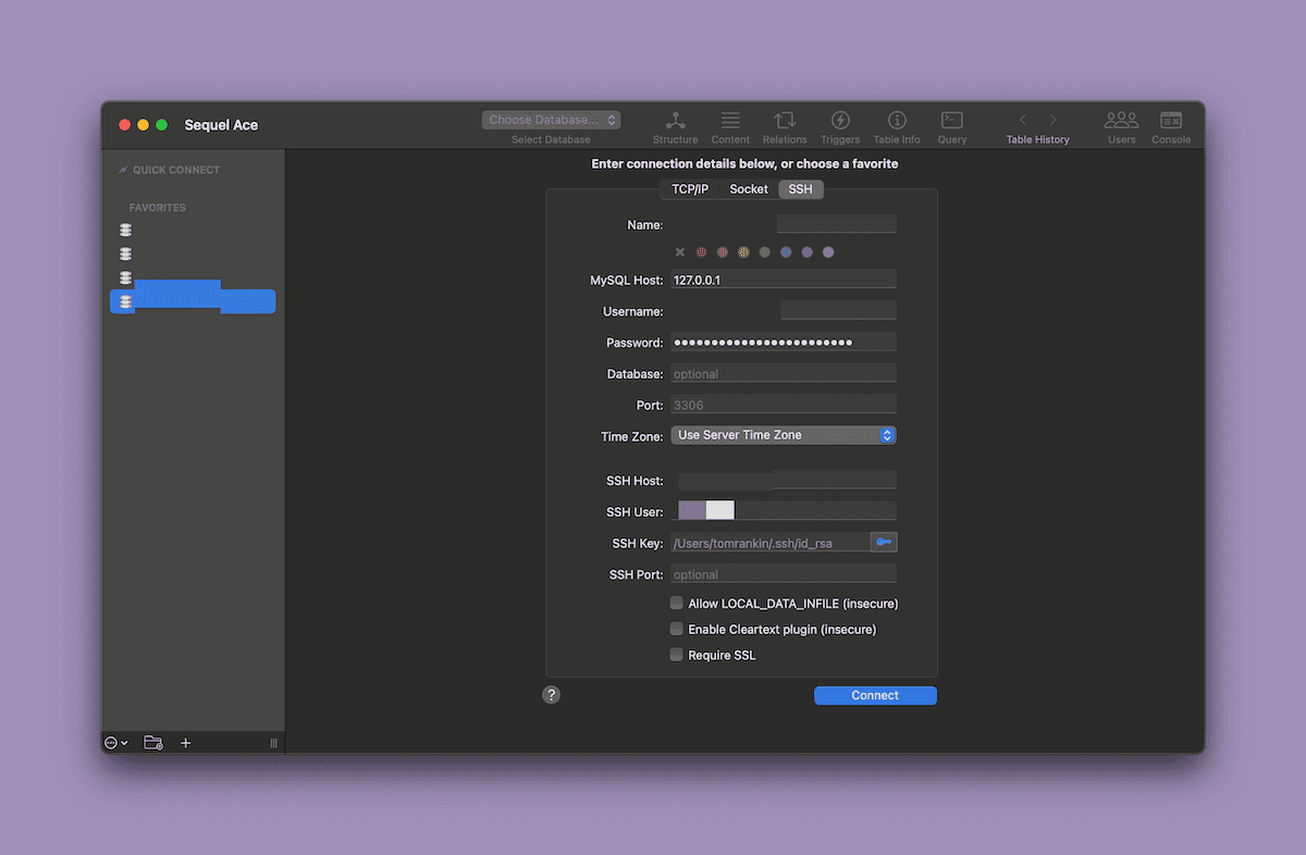 Entering database credentials into  the SequelAce app.