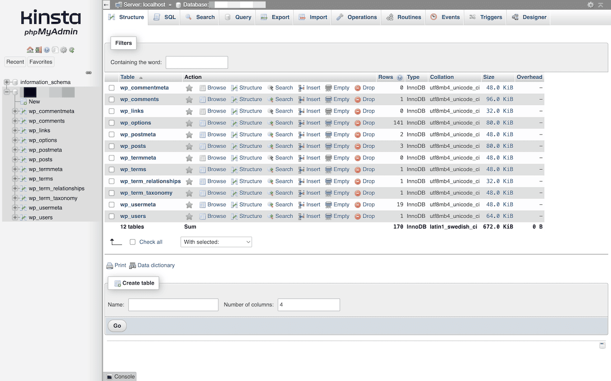 A WordPress database within  phpMyAdmin.