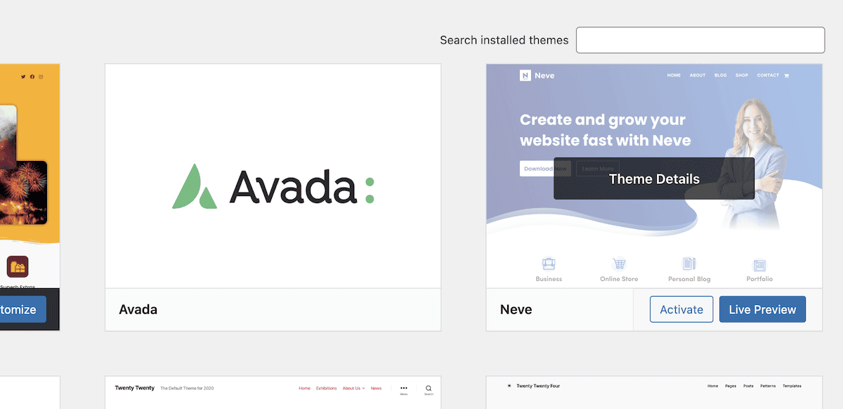 A portion of the Installed Themes screen within WordPress, showing the Theme Details overlay for a specific theme.