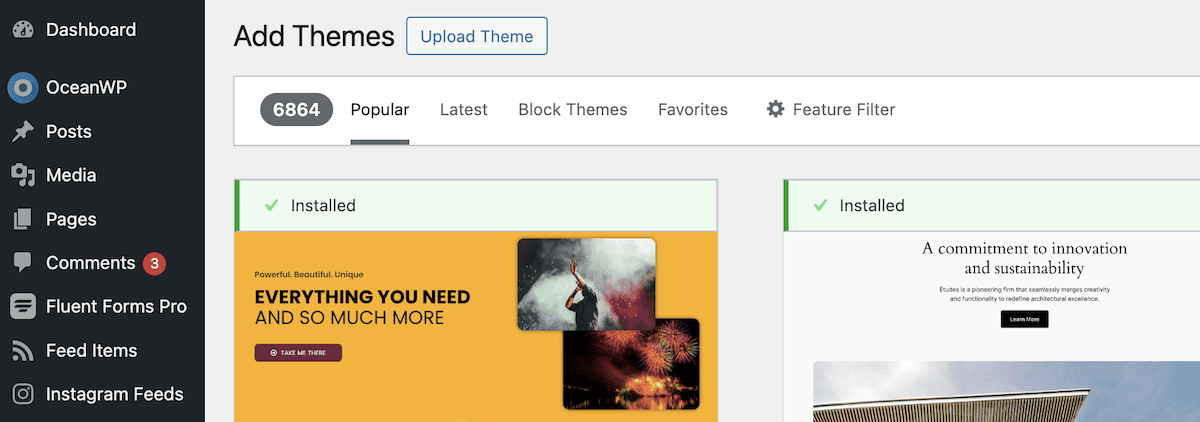 A portion of the WordPress Theme Directory within the WordPress admin dashboard.