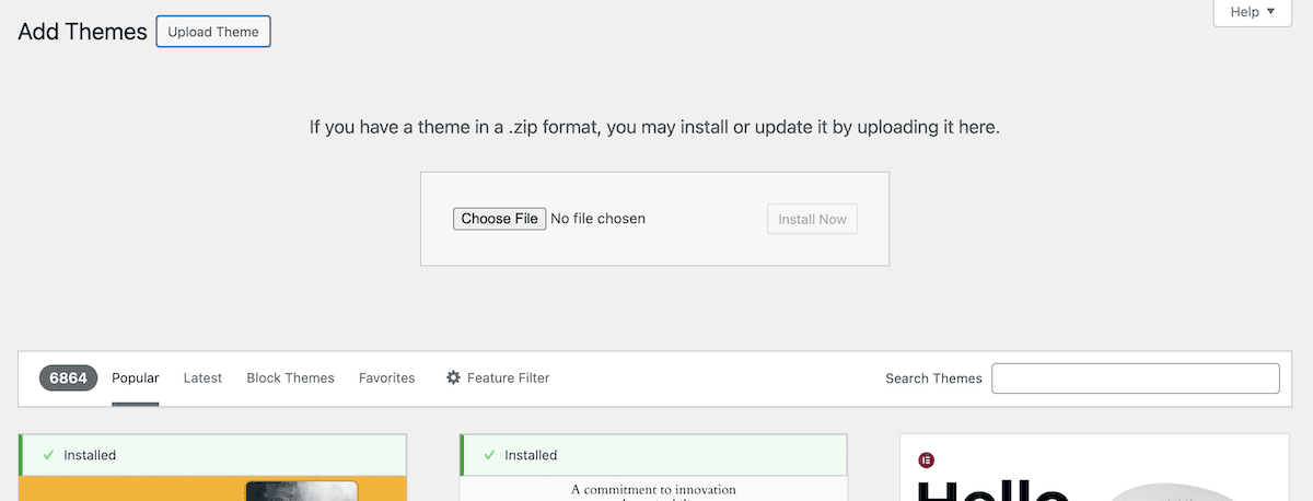 The Upload Theme dialog, showing a way to choose a file and an Install Now button.