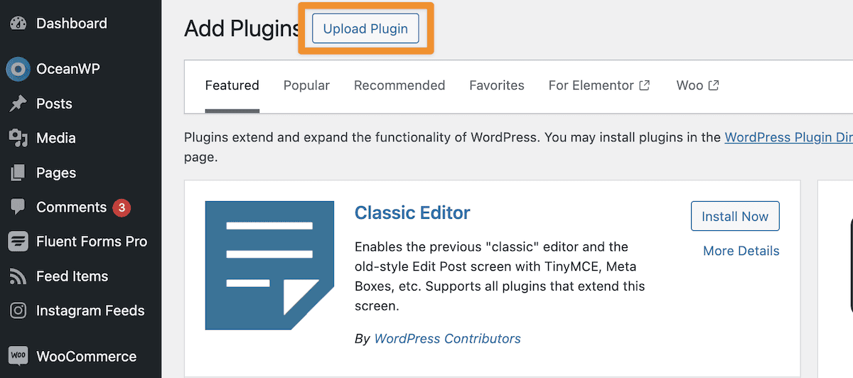 The Add Plugins screen showing the Upload Plugin button.