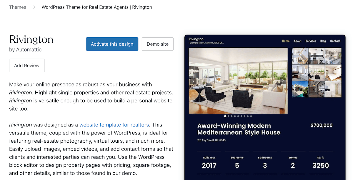Activating a new WordPress theme within WordPress.com.