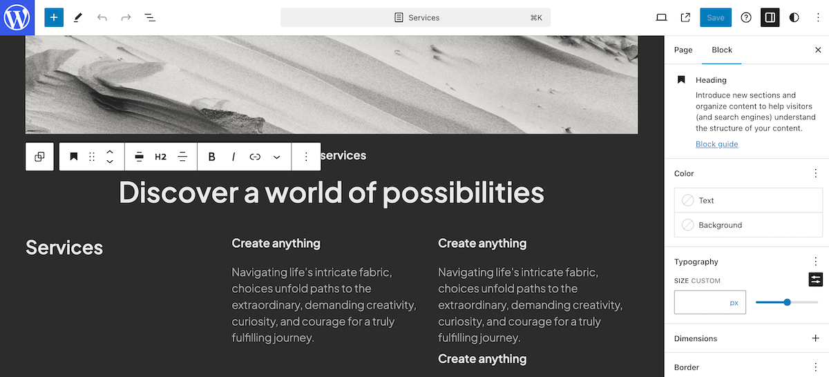 Making changes to an existing block inside the WordPress Site Editor.