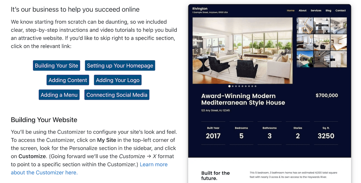 A popup tutorial on how to use a theme on the WordPress.com website.