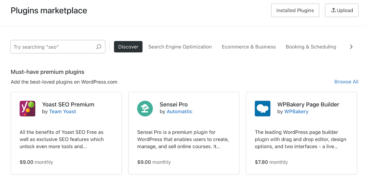 A selection of WordPress.com plugins you can purchase and install.