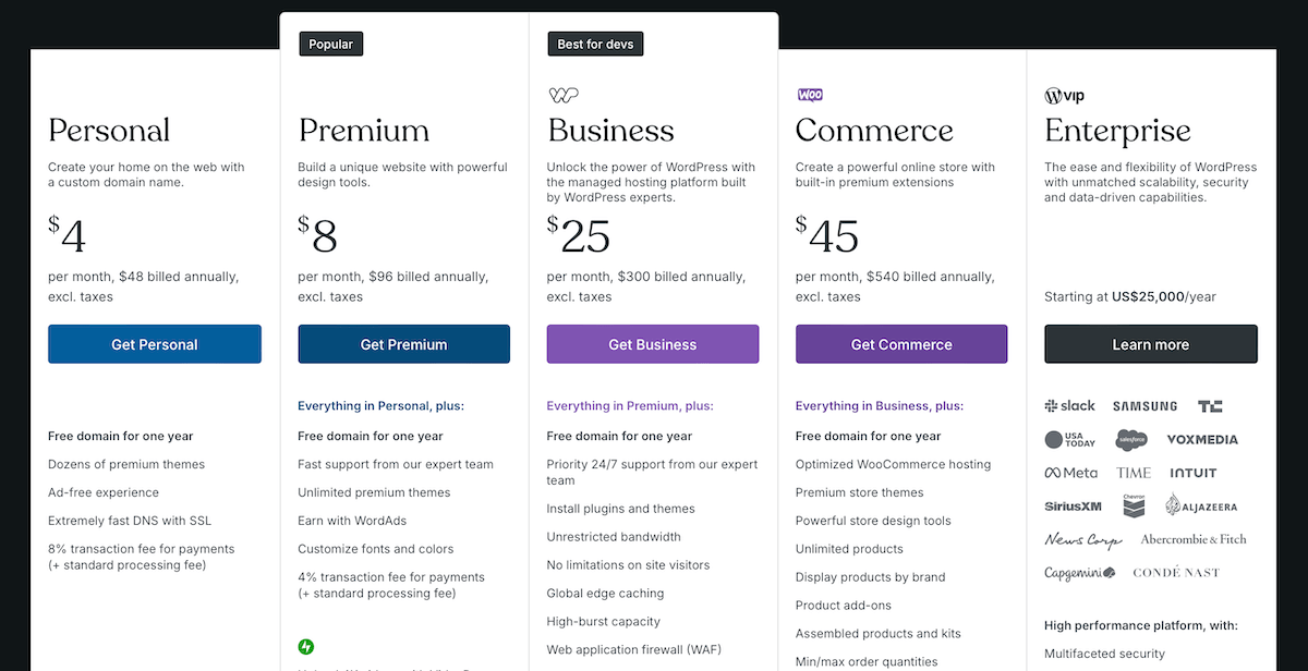 The WordPress.com Business and Commerce plans pricing page.