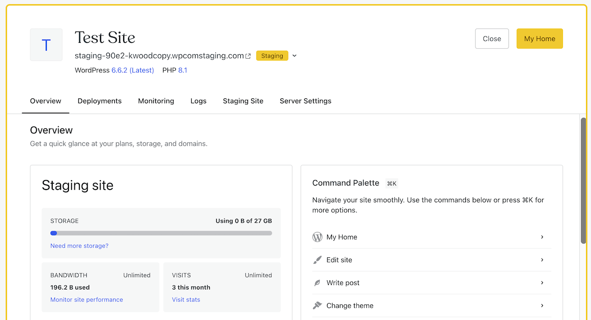 An existing staging site in the WordPress.com hosting dashboard.