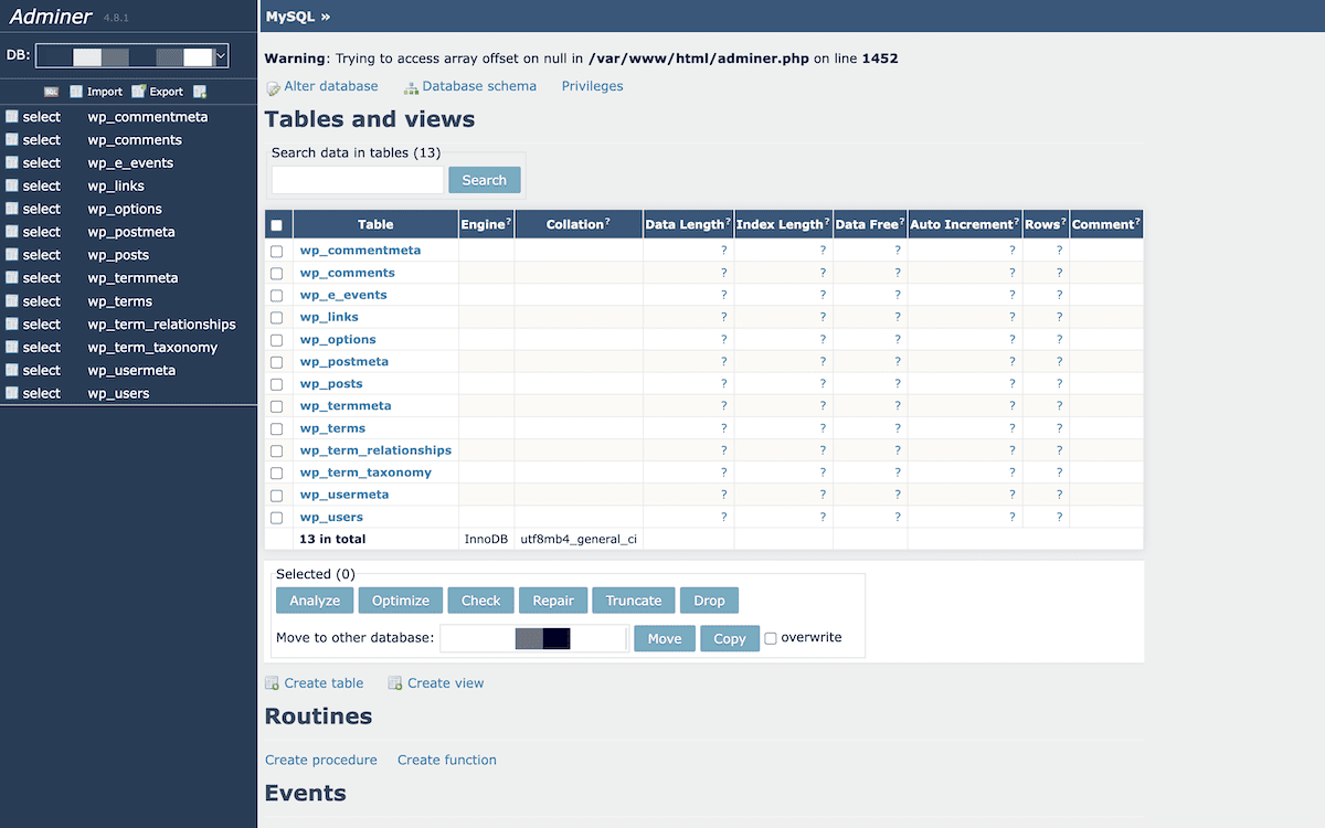 A WordPress database within the Adminer app.