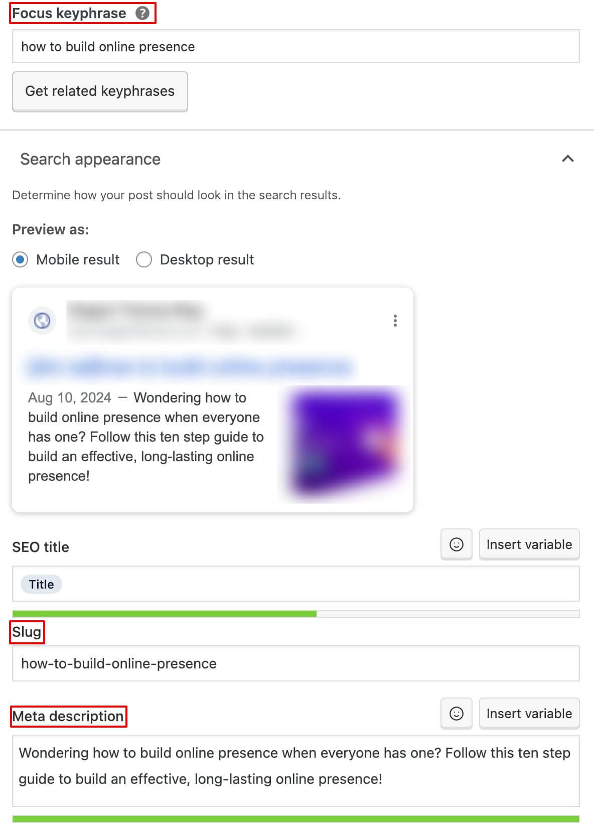 Yoast SEO's settings for a blog post's SEO focus.