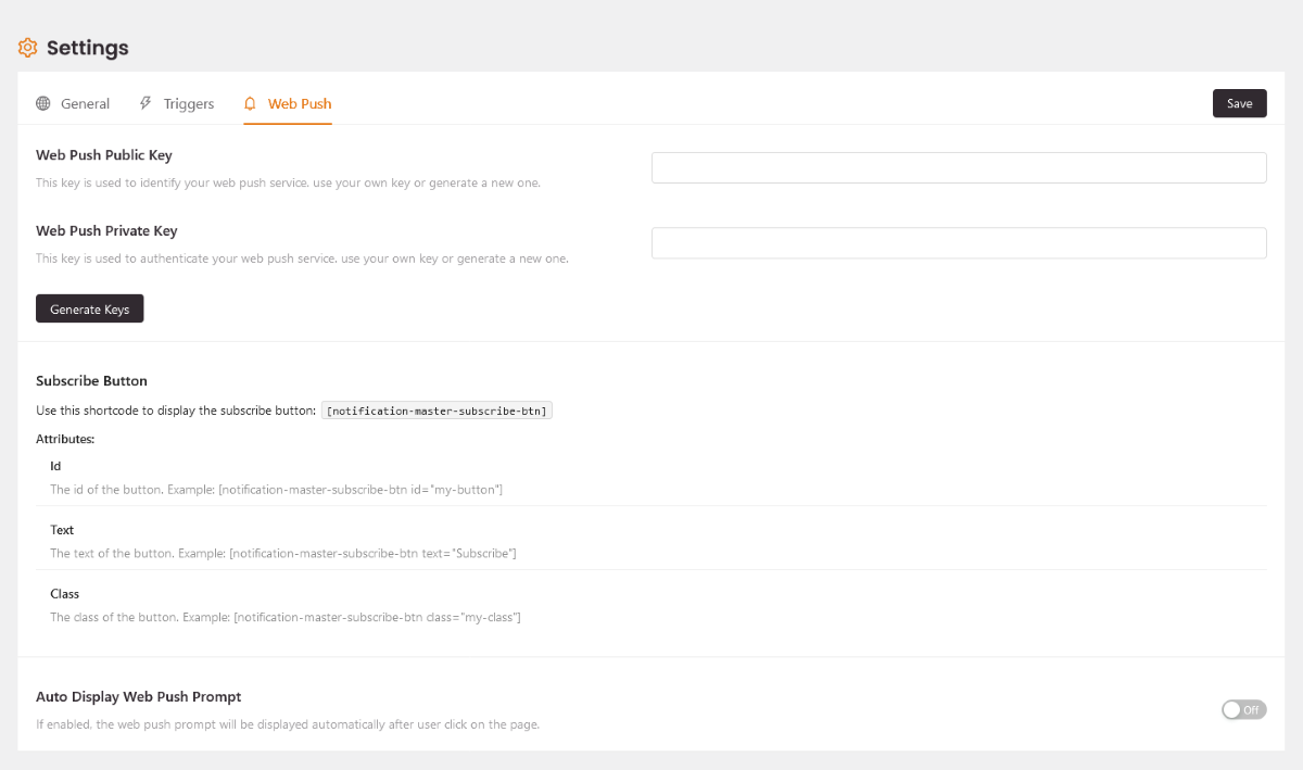The Notification Master Settings tab.
