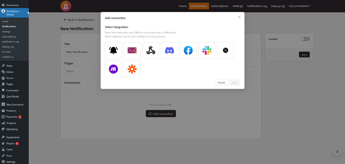 The Add Connection pop up dialog within Notification Manager.