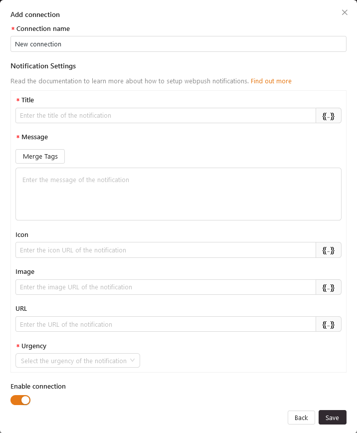 More Web Push notification settings, including a connection name, title, and message.
