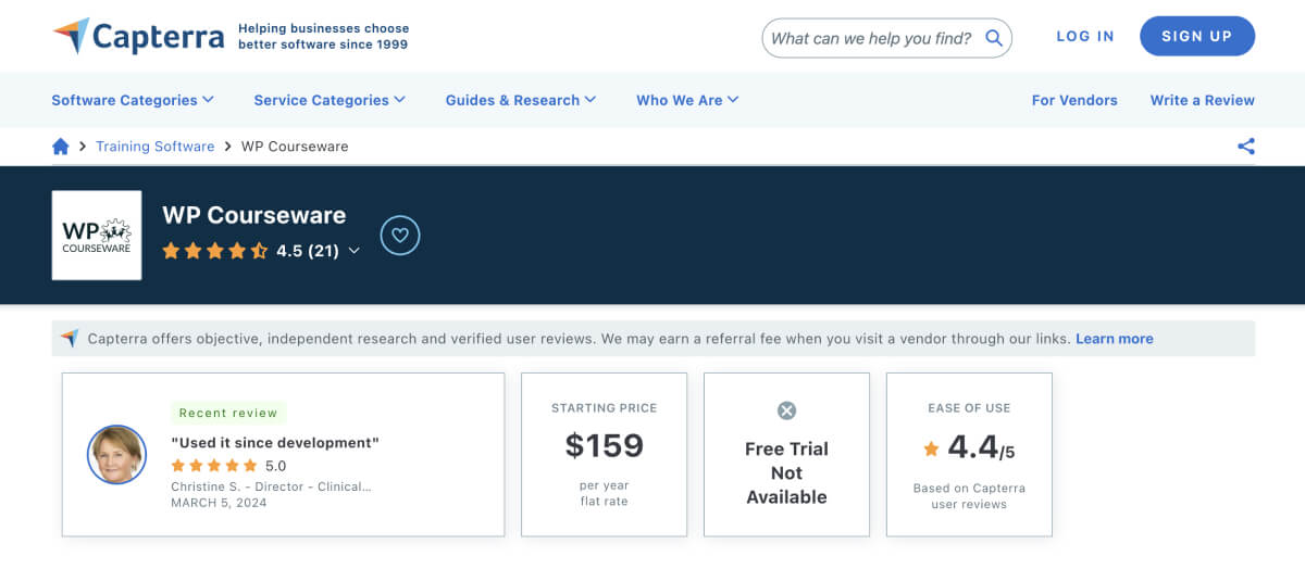 WP Courseware's ratings on Capterra.