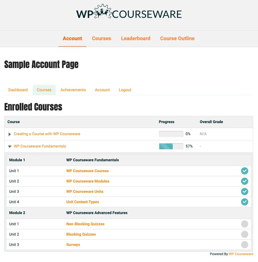 A sample account page for WP Courseware students.