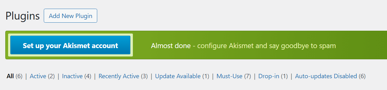 An admin notice for Akismet in the WordPress dashboard.
