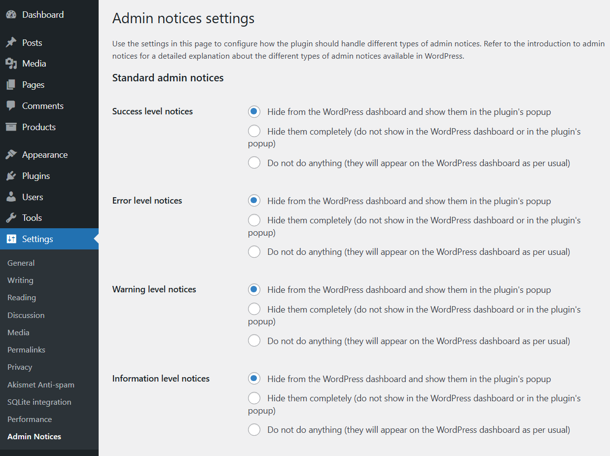 The settings for the Admin Notices Manager plugin.