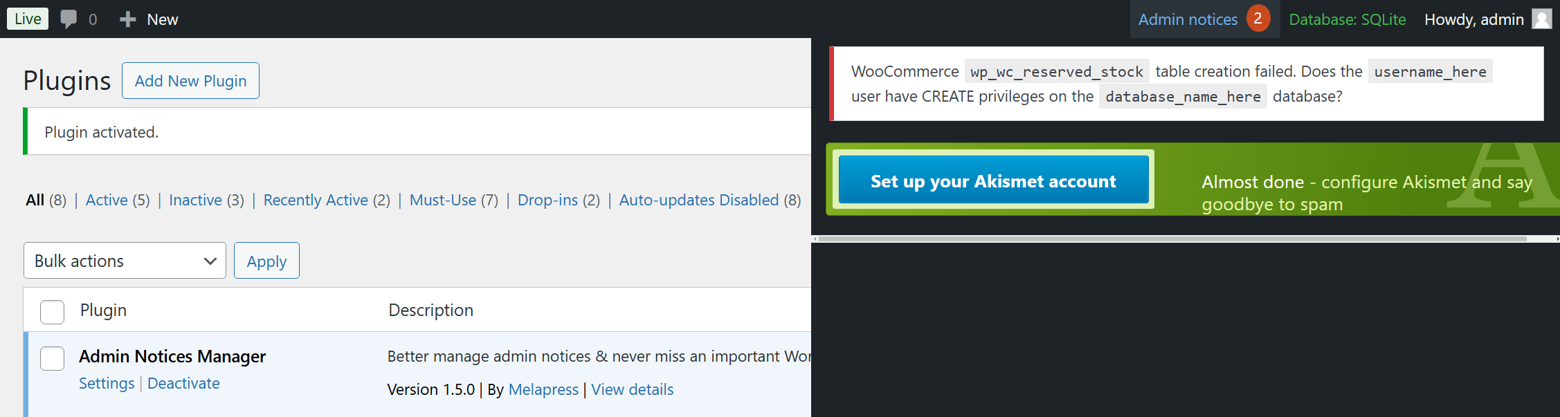 The Admin Notices Manager plugin in use on a website.