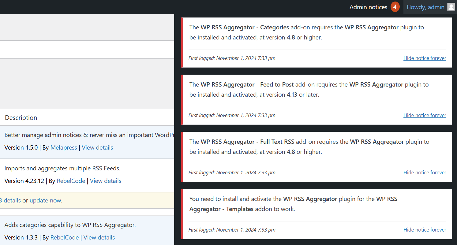 Error notices for a plugin within Admin Notices Manager.