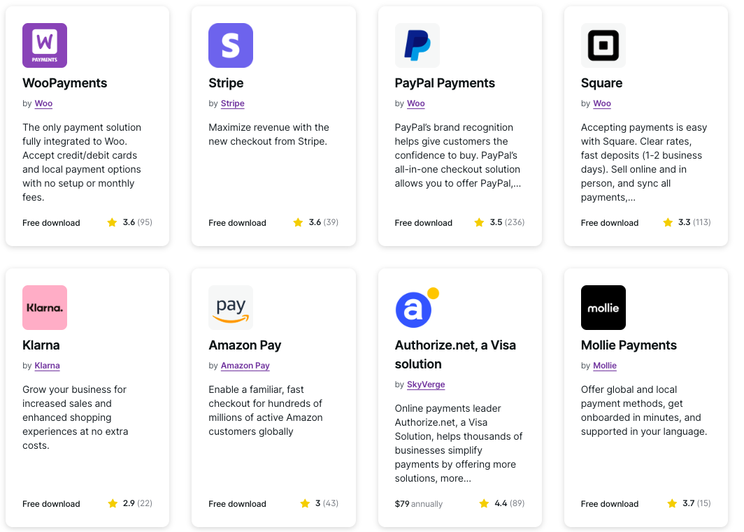 A display of payment gateway options available for WooCommerce.