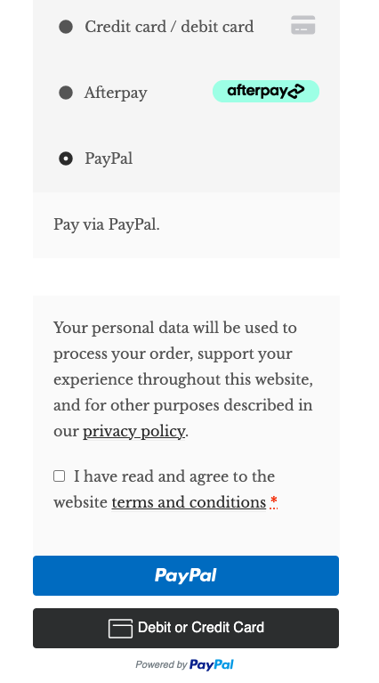 The payment options provided by an independent e-commerce retailer—Dryft—using WooCommerce.