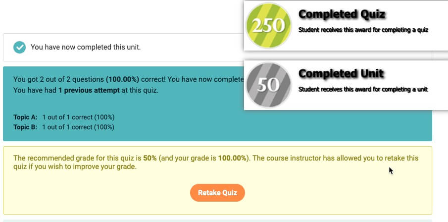 A completed quiz with badges.