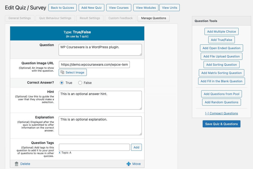 Quizzes and surveys in WP Courseware.