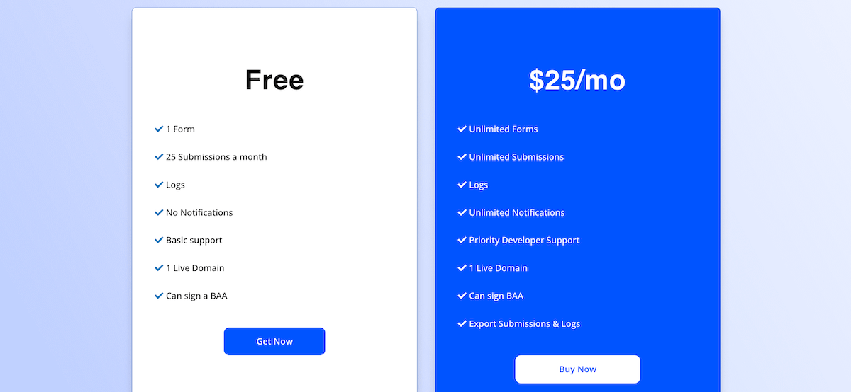 Pricing and feature breakdown of the free and premium versions of the Secure Forms plugin.