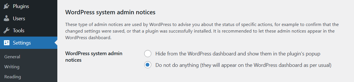 Configuring system admin notices in the WordPress dashboard.